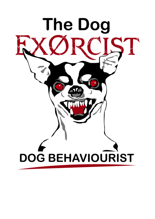 Illustration of a snarling Chihuahua with red eyes and the text "EXORCIST DOG BEHAVIOURIST" above and below it