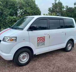 Side view of Noonies Pet Care white van with red and grey logo and stripes